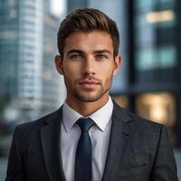 A man in a suit and tie standing in front of a building photo