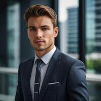 A man in a suit and tie standing in front of a window photo