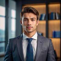 A man in a suit and tie standing in front of a book shelf photo