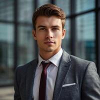 A man in a suit and tie standing in front of a building photo