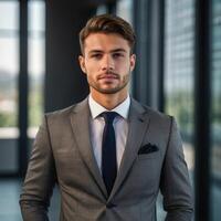 A man in a suit standing in front of a window photo