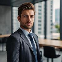 A man in a suit standing in front of a window photo