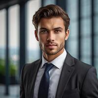 A man in a suit and tie standing in front of a window photo