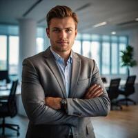 A man in a suit standing in an office photo