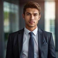 A man in a suit and tie standing in front of a window photo