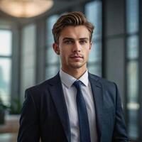 A man in a suit and tie standing in front of a window photo