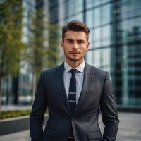 A man in a suit and tie standing in front of a building photo