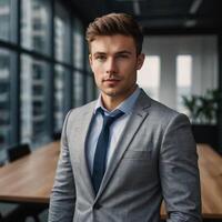 A man in a suit standing in front of a window photo