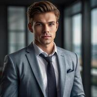 A man in a suit and tie standing in front of a window photo