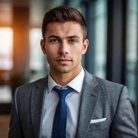 A man in a suit and tie standing in front of a window photo