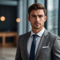 A man in a suit and tie standing in front of a window photo