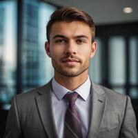 A man in a suit and tie standing in front of a window photo