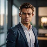 A man in a suit standing in front of a window photo