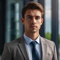 A man in a suit and tie standing in front of a window photo