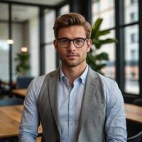 A man in glasses and a vest is standing in front of a table photo