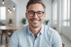 A man with glasses and a blue shirt is smiling photo