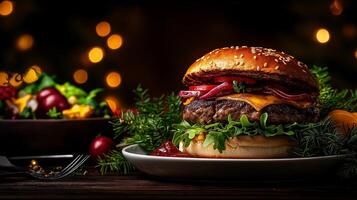 delicious burger with cheese, lettuce, and tomato on sesame seed bun, served with side salad, creating festive atmosphere with warm lights photo