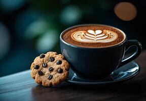 cup of cappuccino coffee with latte art beside chocolate chip cookie, creating cozy and inviting atmosphere. Perfect for coffee lovers and dessert enthusiasts photo