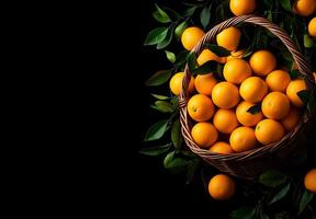 wicker basket filled with fresh oranges and green leaves on dark background creates vibrant and inviting scene photo