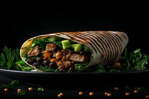 delicious wrap filled with black beans, rice, chicken, and fresh vegetables, beautifully presented on dark background. vibrant colors and textures create appetizing look photo
