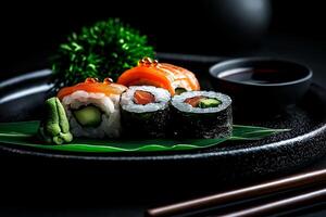 colorful plate of sushi featuring various pieces, including salmon and cucumber rolls, garnished with wasabi and served with soy sauce photo