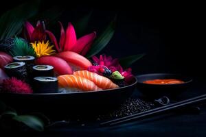 colorful plate of sushi featuring various types, including salmon, tuna, and rolls, garnished with vibrant flowers and served with dipping sauce photo