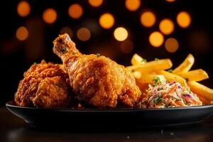 Fried chicken served with crispy fries and coleslaw on black plate, creating delicious and inviting meal. warm lighting adds cozy atmosphere photo