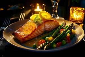 beautifully plated salmon fillet garnished with lemon and fresh herbs, served with colorful medley of vegetables including asparagus, peas, and cherry tomatoes, creating inviting dining experience photo
