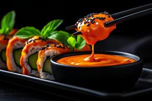 Delicious sushi rolls with vibrant sauce and fresh basil, perfect for culinary delight. Enjoy rich flavors and textures in this appetizing presentation photo