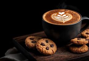 cup of cappuccino coffee with latte art and cookies on wooden board, creating cozy atmosphere. rich coffee aroma and sweet cookie flavors enhance experience photo