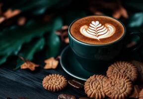 cup of cappuccino coffee with latte art, surrounded by cookies and coffee beans, evokes cozy atmosphere. Perfect for relaxing moment photo