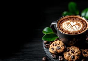 cup of cappuccino coffee with latte art, surrounded by cookies and coffee beans, creates cozy atmosphere perfect for relaxation photo