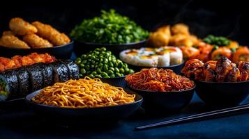 vibrant and colorful array of Asian dishes including noodles, sushi, and vegetables, showcasing delightful culinary experience. Perfect for food lovers and cultural enthusiasts photo
