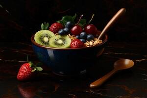colorful and vibrant smoothie bowl filled with strawberries, blueberries, kiwi, and granola, showcasing healthy and delicious breakfast option photo