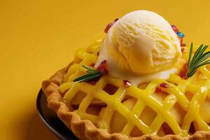 Delicious classic apple pie topped with creamy vanilla ice cream and colorful sprinkles, set against vibrant yellow background photo