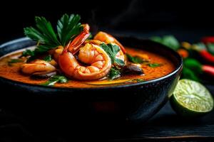bowl of Tom Yum soup with shrimp, mushrooms, and fresh lime, garnished with herbs, exuding warmth and flavor. Perfect for comforting meal photo