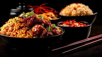 Delicious Asian dishes featuring noodles, chicken, and sauces, beautifully arranged in black bowls. vibrant colors and textures create inviting and appetizing scene photo