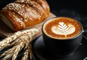 warm cappuccino with latte art sits beside loaf of rustic bread and wheat stalks, creating cozy and inviting atmosphere perfect for relaxing moment photo