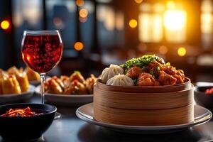 round table set with various Chinese dim sum dishes, including dumplings and sweet and sour chicken, alongside glass of red beverage, creating warm, inviting atmosphere photo