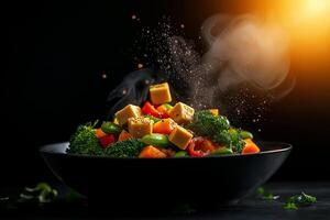 steaming bowl of mixed vegetables featuring broccoli, bell peppers, and sweet potatoes, garnished with spices, creating vibrant and appetizing dish photo