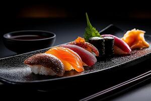 colorful plate of sushi featuring various pieces arranged beautifully, showcasing fresh fish and garnishes, perfect for delightful dining experience photo