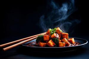 Delicious tofu and vegetables in steaming Asian sauce, garnished with fresh herbs, served on black plate with chopsticks. dish exudes warmth and flavor photo