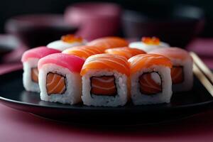 colorful plate of sushi featuring various types of rolls, including salmon and tuna, elegantly arranged on dark table. vibrant colors and textures create inviting atmosphere photo