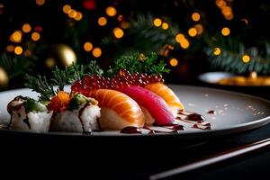 colorful plate of sushi featuring various types, including salmon, tuna, and roe, garnished with fresh herbs, set against festive background with holiday lights photo