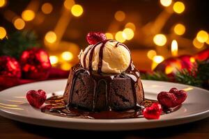 Decadent chocolate lava cake topped with vanilla ice cream and drizzled with rich chocolate sauce, perfect for festive celebrations photo