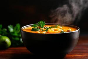 steaming bowl of shrimp soup with mushrooms and lime, garnished with fresh herbs, evokes warmth and comfort. Perfect for cozy meal photo