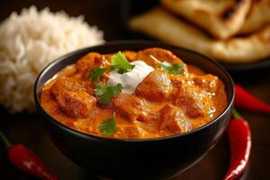 delicious bowl of chicken korma with tender meat, creamy sauce, and fresh herbs, served alongside rice and naan bread, creating comforting meal experience photo