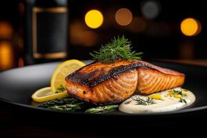 perfectly seared salmon fillet served with lemon slices, asparagus, and creamy sauce, creating delightful culinary experience. vibrant colors and textures enhance dish appeal photo