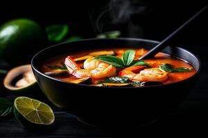 steaming bowl of shrimp soup with mushrooms, lime leaves, and fresh herbs, evoking warmth and comfort. Perfect for cozy meal or gathering photo