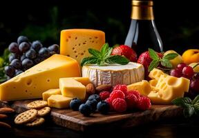 Delightful cheese board featuring various cheeses, fresh fruits, and nuts, perfect for gatherings or special occasions. feast for eyes and palate photo